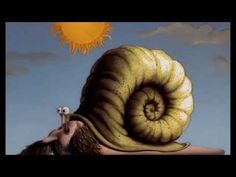 a snail is laying on top of a man's head with the sun in the background