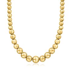 Ross-Simons - Italian 18kt Gold Over Sterling Graduated Bead Necklace. 20". From Italy, this luxe 18kt yellow gold over sterling silver necklace presents glossy, graduated beads for a bold look that will polish off any ensemble! Graduates from 3/8" to 5/8" wide. Box chain. Lobster clasp, 18kt gold over sterling bead necklace. Jewelry Presentation, Silver Necklace For Women, Spring Mechanism, Graduation Necklace, Fine Jewelery, Italian Jewelry, Fine Jewellery Necklace, Box Chain, Sterling Silver Necklace