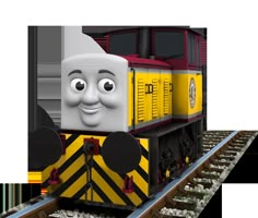 a thomas the tank engine is riding on train tracks with his eyes open and tongue out