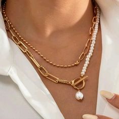 New Stunning Pearl Chain Drop Double Strand Necklace Or Wear Long Chic White Chain Jewelry, White Pearl Chain Metal Necklace, White Chic Chain Necklace With Adjustable Chain, White Metal Pearl Chain Necklace, Chic White Chain Necklace With Adjustable Chain, White Metal Clavicle Chain Necklace, Chic White Chain Necklace With Gold Chain, Trendy White Jewelry With Gold Chain, Chic White Gold Chain Necklace