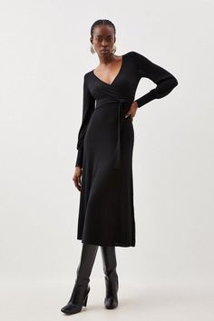 Cashmere Blend Wrap Full Sleeve Belted Knit Midi Dress | Karen Millen Elegant Viscose Midi Dress With Surplice Neckline, Long Sleeve Viscose Midi Dress For Evening, Evening Viscose Midi Dress With Long Sleeves, Elegant Fitted Midi Dress For Winter, Evening Long Sleeve Viscose Midi Dress, Fall Viscose Midi Dress, Elegant Long Sleeve Sweater Dress For Work, Fitted Winter Dress With Surplice Neckline, Elegant Sweater Dress For Work