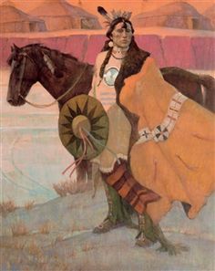 a painting of a native american man with a horse