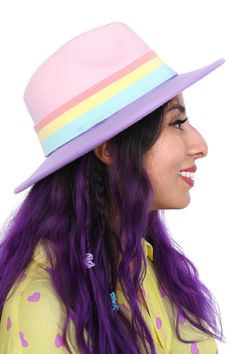 The sweetest color blocked hat with a candy-colored band all around! This cute little number will go with everything! Brim can be shaped and re-shaped with steam! 100% Polyester Please note that all hats are final sale. Designed by us in Los Angeles and made by our reputable manufacturer in China! Retro Pink Wide Brim Hat, Cute Multicolor Hat For Birthday, Cute Multicolor Birthday Hat, Playful Purple Adjustable Hat, Playful Pink Mini Hat With Curved Brim, Cute Multicolor Brimmed Hat, Cute Multicolor Curved Brim Hat, Retro Pink Hat With Flat Brim, Retro Pink Brimmed Hat