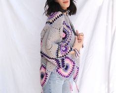 Purple Bohemian Long Sleeve Sweater, Purple Long Sleeve Bohemian Sweater, Purple Bohemian Spring Sweater, Handmade Purple Cardigan For Fall, Pink Bohemian Crochet Outerwear, One Size Bohemian Purple Outerwear, Handmade Purple Winter Cardigan, Handmade Bohemian Pink Patterns, Handmade Bohemian Patterns For Spring