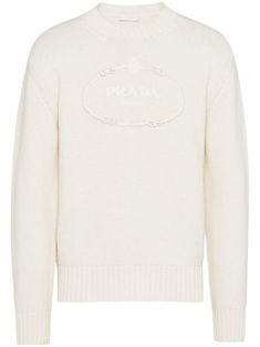 off-white virgin wool-cashmere blend crew neck embroidered logo to the front drop shoulder long sleeves straight hem ribbed trim Embroidered Wool, Cashmere Jumper, Logo Embroidered, Drop Shoulder, Knitted Sweaters, Prada, Jumper, Cashmere, Knitwear