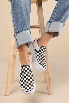 Legendary 'fits come easy when you have the Vans Classic Black & White Checkerboard Slip-On Stackform Sneakers in your closet! These iconic sneakers have a sturdy canvas construction with a trendy black and white checkerboard design, that creates a rounded toe upper with elastic gussets at the sides and a low-cut, padded collar. The simple slip-on design tops a chunky platform silhouette that features the signature waffle outsole. Logo tag at the back. 1. 5" rubber sole. Lightly cushioned insole. Rubber sole has nonskid markings. Man Made Materials. Imported. Lulus | Classic Black & White Checkerboard Slip-On Stackform Sneakers | Size 8. Stackform Vans, Vans Classic Black, Shoe Styling, Iconic Sneakers, Platform Slip On Sneakers, Outfits Amazon, Casual Formal Dresses, Athleisure Sneakers, Simple Logo Design