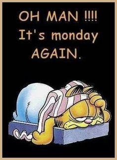 a cartoon character sleeping in a box with the words, oh man it's monday again