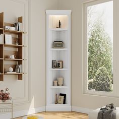 a white bookcase in the corner of a room with a window and bookshelf