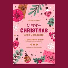 merry christmas party poster with ornaments and presents on pink background, flat layed out