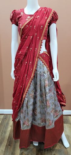 Attractive Banaras Digital Printed half saree set in Red and Grey. Blouse size : 32 Inches Lehenga length: 39 inches Grey And Red Lehenga, Red Designer Wear Sets With Traditional Drape, Red Traditional Drape Sets For Designer Wear, Red Art Silk Palazzo Set With Sheer Dupatta, Red Pre-draped Saree With Sheer Dupatta In Dola Silk, Red Floor-length Pre-draped Saree With Pallu, Red Chanderi Sets With Traditional Drape, Red Anarkali Style Pre-draped Saree With Cutdana, Semi-stitched Red Palazzo Set For Puja