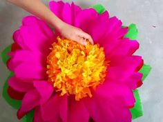 a person holding onto a large pink flower