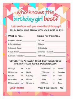 a birthday card with the words, who knows the birthday girl best? on it