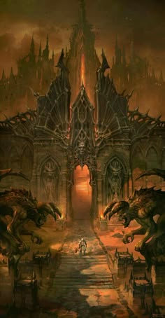 an image of a fantasy castle with dragon like creatures