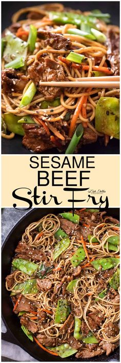 sesame beef stir fry in a skillet with chopsticks