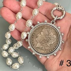 Copy of Gold French Coin Pendant-Porcelain Replica Pearl Necklace-Reproduction Commemorative Medal-Bezel w/Pearl and CZ-Spring Lock Clasp Vanessadesigns4u Silver Coin Necklace, Peace Dollar, Gold Coin Necklace, Dollar Coin, Antique Inspiration, Silver Coin, Silver Spring, Coin Necklace, Keep Jewelry