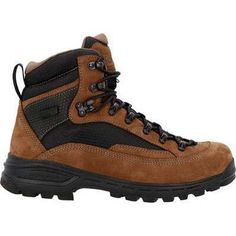 Rocky Men's Mtn Stalker Pro 6" Soft Toe Waterproof Mountain Boot - Brown - RKS0643 On Sale Now! This Item Ships FREE! The MTN Stalker Pro Waterproof Hiker is made to tackle rugged terrain. Built with waterproof nubuck leather with hex-tex ripstop for added durability and protection against the areas with the most wear and tear. This 6” brown boot features a speed lace hook & lacing system providing secure support while the Vibram® Mountaineering outsole with our Rebound PU Midsole provides stabi Tactical Brown Hiking Boots, Insulated Brown Work Boots For Outdoor Activities, Brown Round Toe Boots For Camping, Rugged Gore-tex Boots For Camping, Brown Leather Hiking Boots For Hunting, Brown Round Toe Work Boots For Camping, Insulated Brown Waterproof Boots For Outdoor Activities, Insulated Waterproof Brown Boots For Outdoor Activities, Rugged Durable Brown Hiking Boots