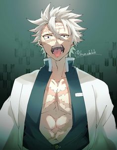 an anime character with white hair and tattoos on his chest is making a funny face