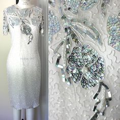 "This is a simple and very sparkly dress!! The silver on it really stands out against the white and it really is a beauty! the back has a keyhole opening with a zipper. Very Good condition! Measuring: 39\" long Bust: 36\" Waist: 30\" Hip: 36\" Beaded, sequins with some pearl beads as well.. Pet Free/smoke free Enjoy!" Red Fringe, Cotton Dress Summer, Check Dress, Sparkly Dress, Silver Sequin, Sequin Beading, Summer Cotton, Beaded Dress, White Silver