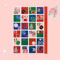 a calendar with numbers and christmas decorations on the cover, next to a pink background