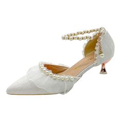 Luxury Silk White Wedding Shoes for Women Summer Pearl Ankle Straps High Heels Pumps Woman Pointed Toe Heeled Dress Shoes Spring Banquet Heels With Ankle Strap, Spring Ankle Strap Heels For Banquets, Spring Banquet Ankle Strap Heels, Summer Banquet Heels With Pointed Toe, Pointed Toe Heels For Spring Banquet, Spring Wedding Shoes For Banquet With Closed Toe, Spring Banquet Wedding Shoes With Closed Toe, Spring Wedding Banquet Shoes With Closed Toe, Spring Wedding Shoes For Banquet, Closed Toe