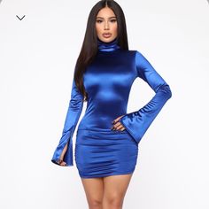 Turtle Neck And Long Sleeve But Short And Cute Super Soft Satin Breathable Material Blue High Neck Mini Dress For Party, Blue High Neck Dress For Date Night, Blue High Neck Mini Dress, Elegant Blue Mini Dress With High Neck, Elegant Blue High Neck Mini Dress, Marine Uniform, Fashion Nova Outfits, Dresses Fashion Nova, Mock Neck Long Sleeve