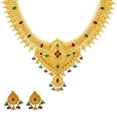 Uniquely elegant, this colorful 22k gold necklace and stud earring set has all the frills and thrills a woman needs to feel beautiful. The rich assortment of gemstones encrusted into the 22k gold frame of the necklace and earrings creates a vibrant contrast. If you're looking for traditional indian gold jewelry that has the power to bring an air of cultural sophistication to your bridal or formal gown for a special occasion, then look no further than this marvelous gold jewelry set. Features • 2 Traditional Multicolor 22k Gold Necklaces, Traditional Multicolor 22k Gold Necklace, Traditional 22k Yellow Gold Emerald Necklace, Yellow Gold Ruby Kundan Necklace Gift, Luxury Yellow Gold Ruby Temple Necklace, Indian Gold Jewelry, 22k Gold Necklace, 22k Gold Jewelry, Gold Jewelry Sets