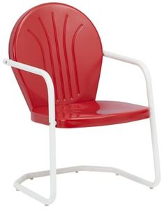 a red plastic chair with white frame and arms