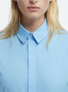 Modern Collared Shirt For Daywear, Modern Tops With Spread Collar For Daywear, Casual Short Sleeve Dress Shirt For Daywear, Classic Blue Shirt With Collared Neckline, Modern Tops With Spread Collar And Placket, Column Skirt, French Seam, Knit Shirt, Everyday Wardrobe