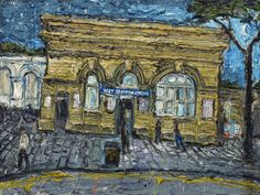 an oil painting of a yellow building on a street corner with people walking by it