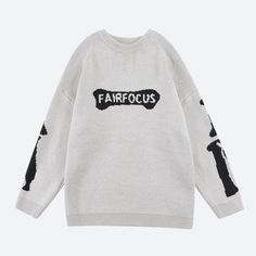 Stand out in this men's grunge sweater, showcasing a striking skeleton design on the back and sleeves. The bone and text print detail on the chest add an extra edge, making it perfect for those who love streetwear with a unique, cool, and casual style. Grunge aesthetic Skeleton design at back & sleeves Bone & text print detail at chest Text detail: fairfocus Drop shoulder Crew neck Long sleeve Polyester Order 1 size larger to be oversized Oversized Grunge Sweater For Fall, Grunge Graphic Print Sweater For Winter, Urban Letter Print Sweater For Winter, Alternative Style Crew Neck Winter Sweater, Grunge Long Sleeve Sweater With Letter Print, Alternative Crew Neck Winter Sweater, Alternative Crew Neck Sweater For Winter, Oversized Alternative Style Sweater For Streetwear, Oversized Alternative Sweater For Streetwear