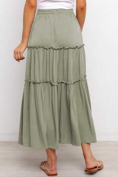 Green Solid Layered Ruffled Drawstring High Waist Maxi Skirt High Waist Maxi Skirt, High Waisted Maxi Skirt, Twist Knot, Chambray Dress, Mini Shift Dress, Trending Now, Petticoat, Satin Dresses, Ruffle Hem