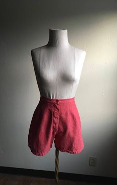 "1950s pre-shrunk cotton shorts soft red w/white undertone double seams down front zip fly, button top white stitching right back pocket worn in stencil/ink back right near hem measures, flat, waist-12 1/4\" rise-13 3/4\" inseam-3\" hem-11\" hip-20 1/2\"" Rockabilly Girl, Waist Sash, Soft Red, High Waist Shorts, Long Sweaters Cardigan, Button Top, Smock Dress, Long Cardigan, Light Red