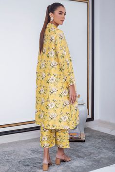 Summer Silk Floral Print Pant Set, Summer Silk Pant Set With Floral Print, Spring Silk Pant Set With Printed Motifs, Summer Silk Floral Print Palazzo Set, Yellow Palazzo Set With Printed Motifs For Spring, Fitted Yellow Palazzo Set With Printed Motifs, Yellow Silk Sets With Floral Print, Yellow Silk Floral Print Sets, Yellow Floral Print Silk Sets