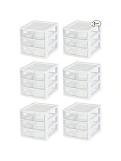 six plastic storage boxes with lids on each side and four drawers in the middle, all white