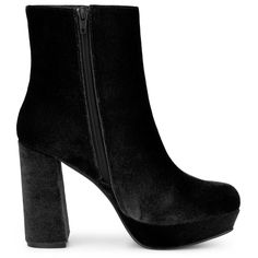 A must-have for fall and winter! This pair of thick-heeled round-toed boots is so versatile! Its thick heel design makes you walk lightly without worrying about foot pain; the round-toed design is very versatile and can be paired with skirts and jeans! This pair of boots is also very high-heeled, which is very flattering to the leg shape Whether it is shopping or dating, attending parties can wear the women's round-toe faux velvet block heels and ankle boots, this pair of shoes can be matched wi Velvet Block Heels, Very High Heels, Chunky Heel Ankle Boots, Western Ankle Boots, Womens Chunky Heels, Closed Toe Shoes, Block Heel Ankle Boots, Rubber Boot, Ankle Boots Black