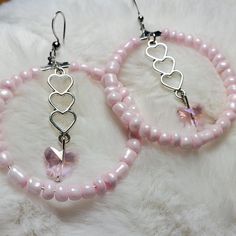 Pink Beaded Hoop Earrings With A Heart Charm And Crystal Pink Butterfly. These Hoops Are Approximately 40mm. #Seedbeads #Butterfly #Hoops #Silver #Y2k Handmade Hoop Earrings For Valentine's Day, Cute Pink Jewelry, Bead Earrings Diy, Diy Hoop Earrings, Sweet Sixteen Themes, Kawaii Shopping, Sabrina Concert, Chanel Stud Earrings, Seed Bead Hoop Earrings