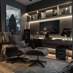 a living room filled with furniture and a flat screen tv on top of a wall