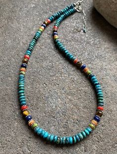 Sterling Silver Turquoise Multi Stone Bead Necklace. 18 inch Spiritual Turquoise Beaded Necklace With Spacer Beads, Turquoise Gemstone Bead Necklaces, Southwestern Turquoise Beaded Necklace As Gift, Southwestern Turquoise Beaded Necklace For Gift, Turquoise Southwestern Beaded Necklace Gift, Turquoise Southwestern Beaded Necklace For Gift, Bohemian Turquoise Necklace With Round Spacer Beads, Turquoise Beaded Necklace With Gemstone Beads, Turquoise Beaded Necklaces With Natural Stones