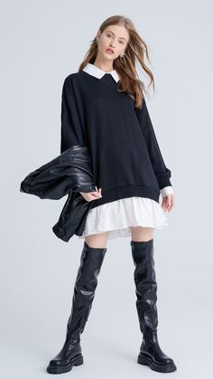 Category : Dress Thickness : Medium Fit Type : Loose SPU : IU38S7CE2000 Fabric : Knit fabric:83% Cotton 17% Polyester Woven fabric:100% Cotton Tips : Hand wash (maximum temperature 30℃), wash with like colors, do not soak. Casual Sweater Dress For Fall Layering, Casual Long Sleeve Knit Sweater Dress, Trendy Long Sleeve Knit Sweater Dress, Chic Long Sleeve Sweater Dress For Layering, Casual Knit Sweater Dress With Crew Neck, Casual Long Sleeve Sweater Dress For Fall, Trendy Long Sleeve Sweater Dress For Summer, Long Sleeve Sweater Dress For Fall Layering, Trendy Crew Neck Sweater Dress For Fall