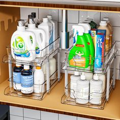 two clear shelves filled with different types of cleaning products