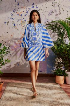 Blue Azulejos Mini Kaftan Dress Short Kimono Jacket, Short Kimono, Kaftan Dress, Kimono Jacket, Swim Bottoms, Skirt Pants, Luxury Brand, Women's Dresses, Sustainable Fashion