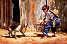 a painting of a boy with a dog on a leash in front of a barn