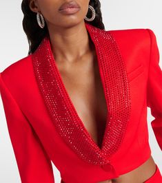 Crystal-embellished cropped wool blazer in red - Area | Mytheresa Blazer Suit Women, Crop Blazer, Suit Women, Classy Fashion, Wool Blazer, Color Names, Fashion Classy, Scarlet, Blazer Suit