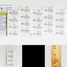 PRICES MAY VARY. Material: Vinyl, matte finish - WOOD NOT INCLUDED Set includes: 20 arrow height marker decals, ("1st day" "6 mos" and "1 yr" all the way yearly to "18 yrs") and helpful directions for application. Each individual left-facing arrow marker vinyl decal is ~2" wide x 1" tall. Superior quality: doesn't peel over time, durable, made in the USA Perfect way to neatly record the heights of your little ones on your growth chart ruler! Do It Yourself Vinyl Height Marker Decals
Growth Chart Family Growth Chart, Growth Charts, Cricut Growth Chart Tutorials, Height Chart Diy, Growth Chart Ruler Svg, Height Markers For Growth Chart, Large Ruler Growth Chart, Wooden Ruler Growth Chart Cricut, Arrow Decal