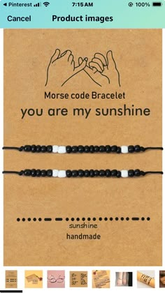 two black and white beaded bracelets with the words morse code bracelet you are my sunshine