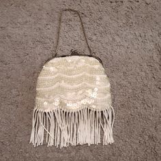 Nwot Never Used, Small, Ivory Sequin Evening Bag With Beaded Tassels And Chainlink Handle. Banana Republic Elegant Cream Bags, Elegant Cream Bag, Vintage White Bag With Pearl Handle, Vintage White Bags With Pearl Handle, Cream Clutch Bag For Party, White Vintage Party Bag, Vintage White Party Bags, Cream Clutch Shoulder Bag For Party, Cream Party Clutch Shoulder Bag