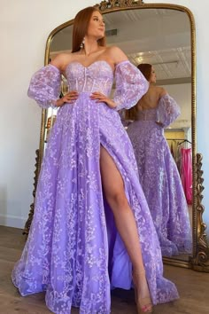 Beautiful Long Prom Dresses, Purple Dresses Plus Size, Purple Prom Dress With Sleeves, Purple Long Sleeve Prom Dress, Disney Princess Prom Dresses Rapunzel, Prom Dresses Plus Size With Sleeves, Plus Size Princess Dress, Lavender Prom Dress Long Sleeve, Violet Dress Aesthetic