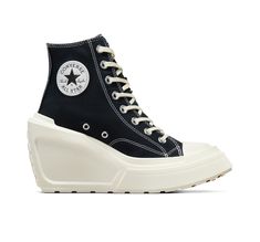 The always-premium Chuck 70 gets a luxe, lifted update. Converse Chuck 70 De Luxe Wedge Canvas For Women In Black, Size 10 Converse Wedge Sneakers, Converse High Heels, Chunky Converse, Converse Heels, Womens High Top Shoes, Converse Shop, Women In Black, Black Platform Shoes, All Stars Converse