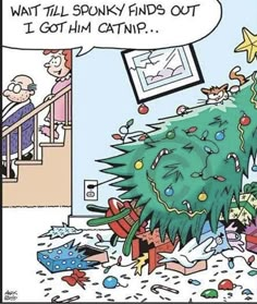 a christmas tree is in the middle of a room with presents all around it and a cartoon saying, what'll spooky finds out i got him catnip?