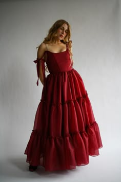 The Siena Gown in Scarlet Red – Wild Rose & Sparrow Floor Length Corset Dress, Floor Length Gowns Formal, Formal Tiered Dress, Red Flowing Dress, Red Selkie Dress, Dark Romantic Dress, Red Tiered Dress, Dark Red Wedding Guest Dress, Corset Gown Fairytale